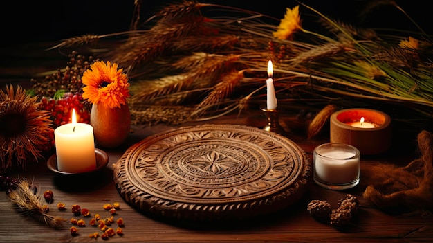 Photo lammas wiccan altar celebrate autumn with homemade bread apples and candles on dark background