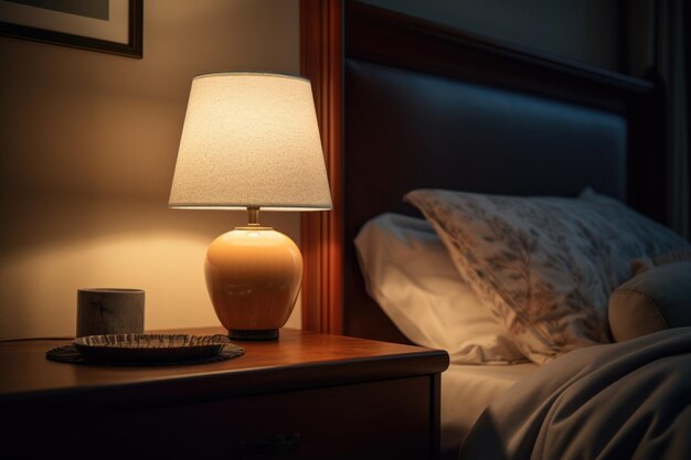 A lamp on a bedside table next to a bed Can be used to add cozy lighting to a bedroom or as a decorative element in interior design