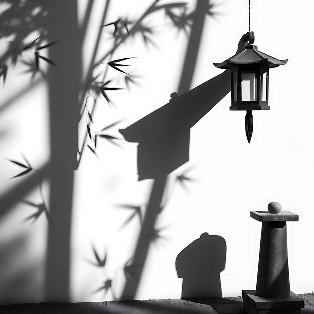 a lamp and a bird house are silhouetted against a white background