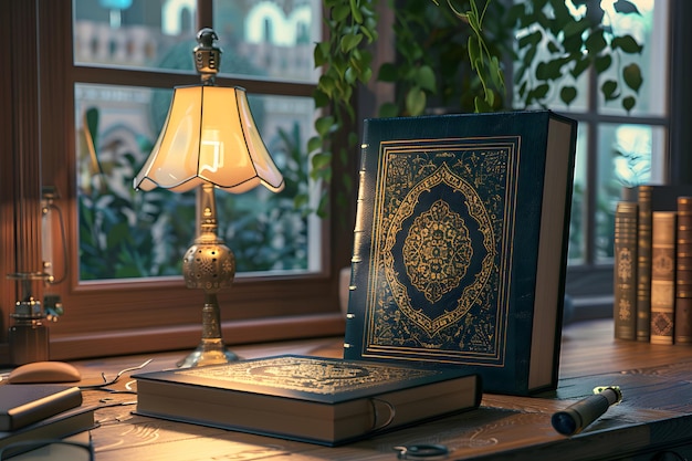 a lamp and a book on a table with a lamp on it