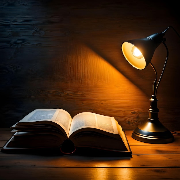 a lamp and a book on a table with the light on