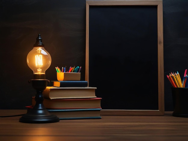 a lamp and a book with pencils on the table next to it