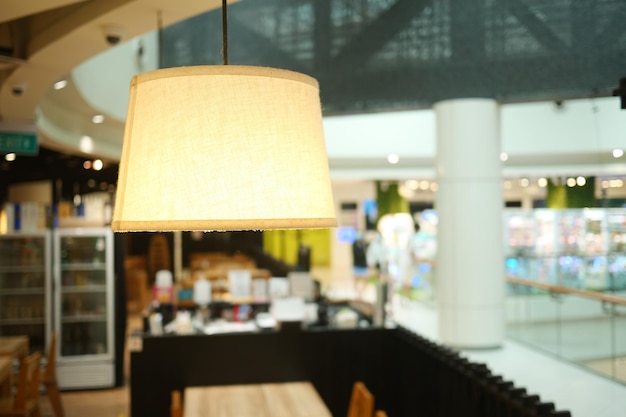 A lamp in a cafe against light green wall