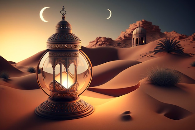 A lamp in the desert with the moon in the background