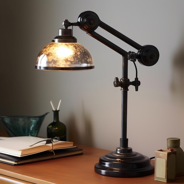 A lamp on a desk with a book and a book on it.