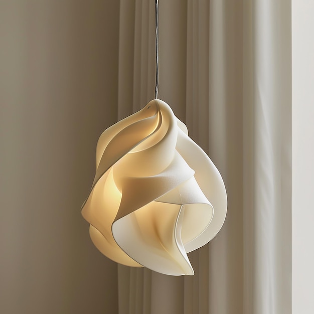 a lamp hanging from a ceiling with a white curtain