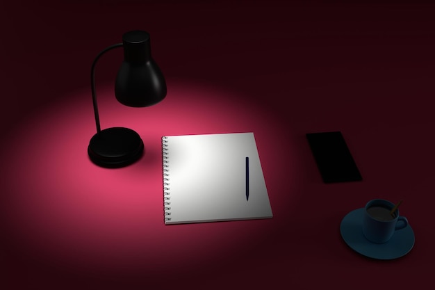 The lamp illuminates a clean notebook with a pen coffee phone on a red background Place for text Minimalism 3D render