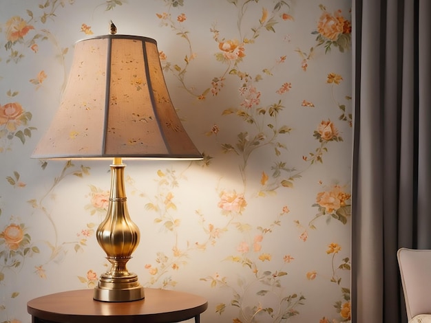 A lamp and a lamp in a living room with a wallpaper on the wall