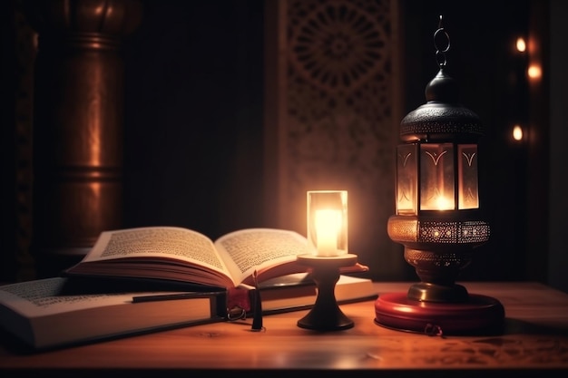 A lamp and a lamp on a table with the word ramadan on it.