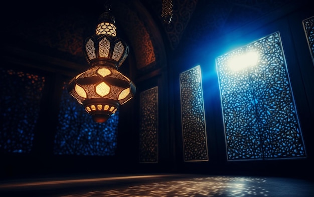 A lamp in a mosque with the light shining through it