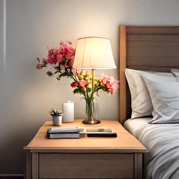 Photo a lamp on a nightstand next to a bed with flowers and a book