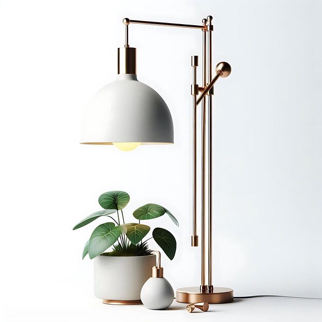 Photo a lamp and a plant on a table with a lamp on it