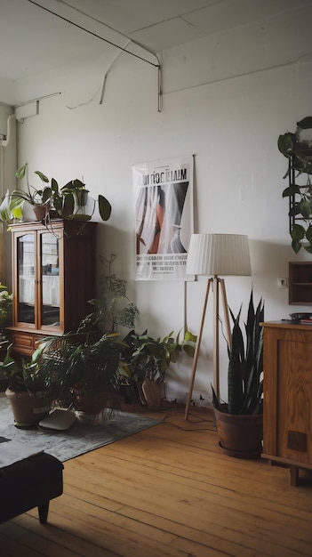 Lamp and poster in white empty living room interior with plants and wooden cabinet real photo place