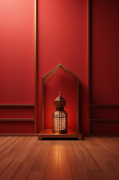 A lamp in a room with red walls and a red wall.