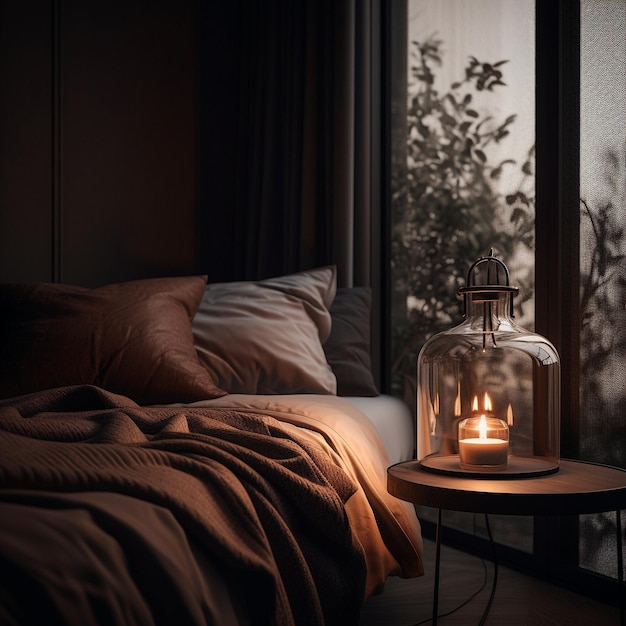 A lamp on a table next to a bed with a candle on it.