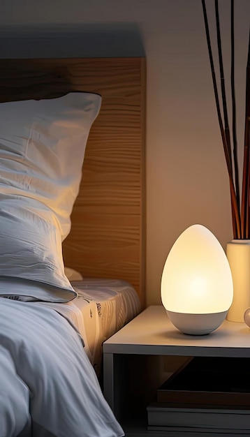 Photo a lamp on a table next to a bed with pillows