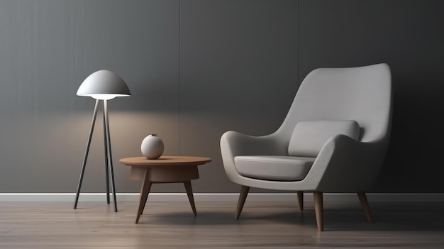 A lamp on a table next to a chair in a dark room.