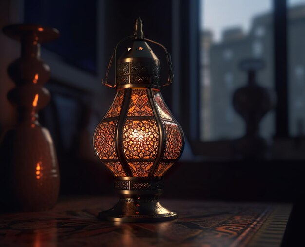 A lamp on a table in a dark room with a window behind it.