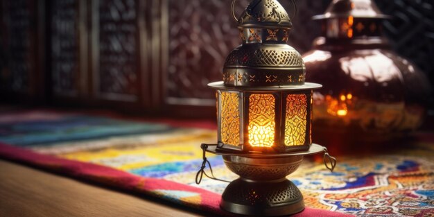 A lamp on a table in a room with a colorful rug and a lamp that says ramadan.