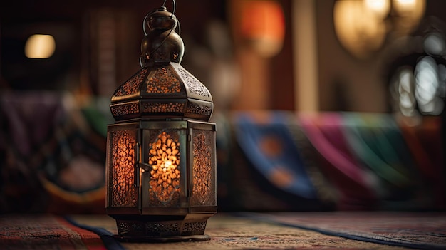 A lamp on a table in a room with a couch in the background