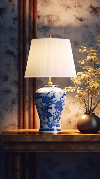 A lamp and table next to a wall with a blue floral pattern light white and light navy