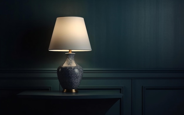 A lamp on a table with a blue background.