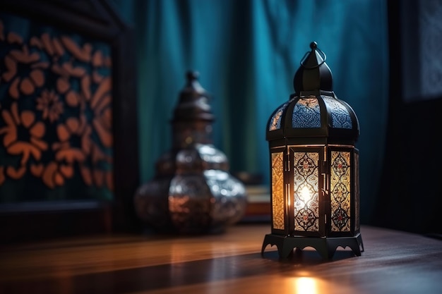 A lamp on a table with a blue curtain in the background