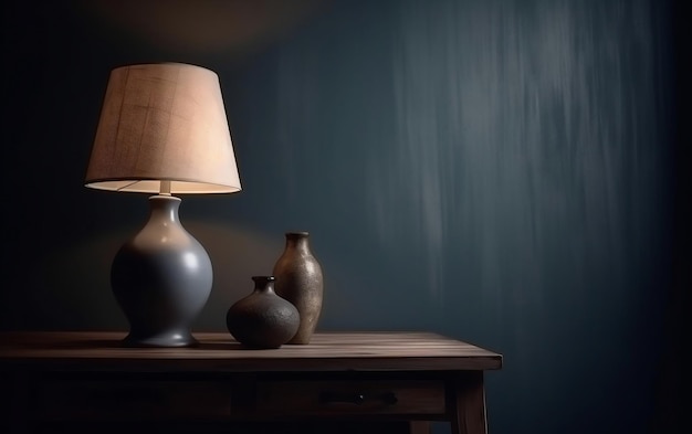 A lamp on a table with a lamp shade and a beige shade.