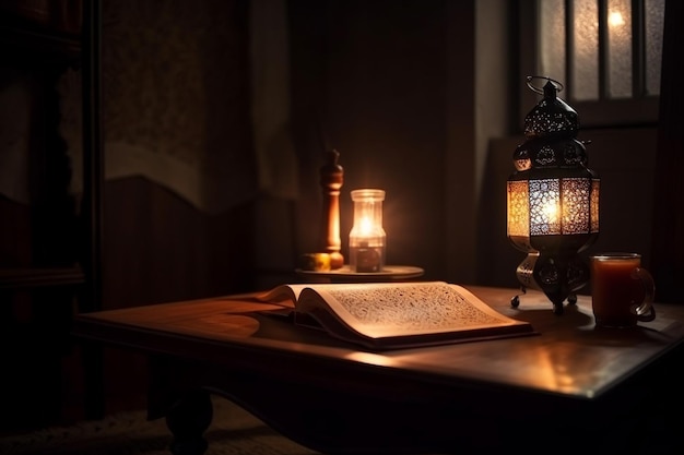 A lamp on a table with a lamp that says'ramadan'on it