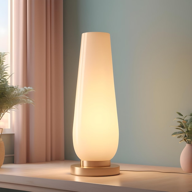 a lamp on a table with a potted plant next to it