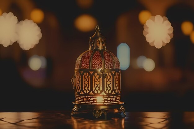 A lamp on a table with the words ramadan on it