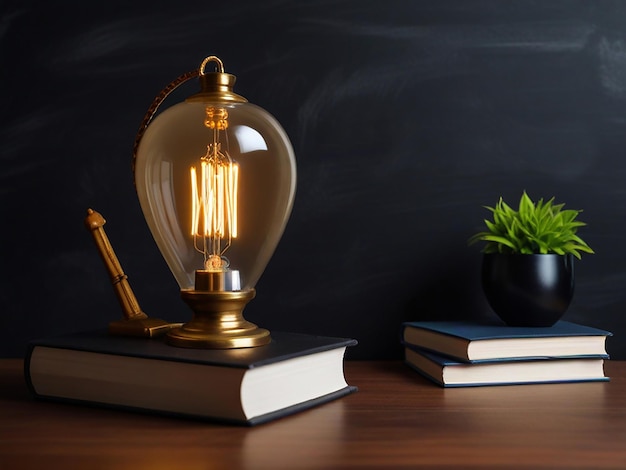 a lamp that has a plant on it next to a book