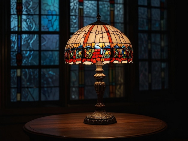 Photo a lamp that has a stained glass shade on it