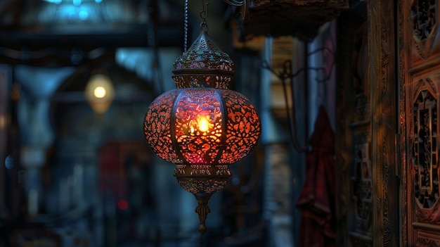 a lamp that is hanging from a pole with a red light inside