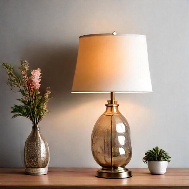 a lamp that is on a table with flowers in it