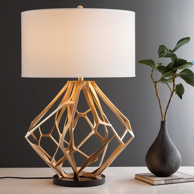 a lamp that is on a table with a plant in the background