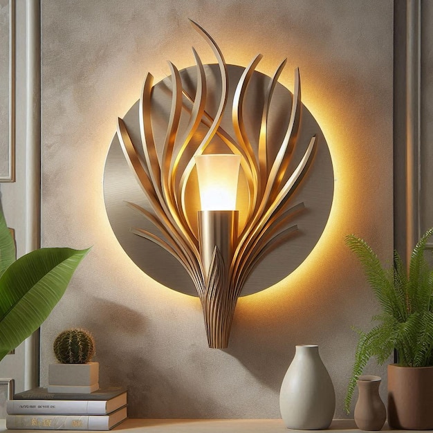 a lamp that is on a table with a plant on it