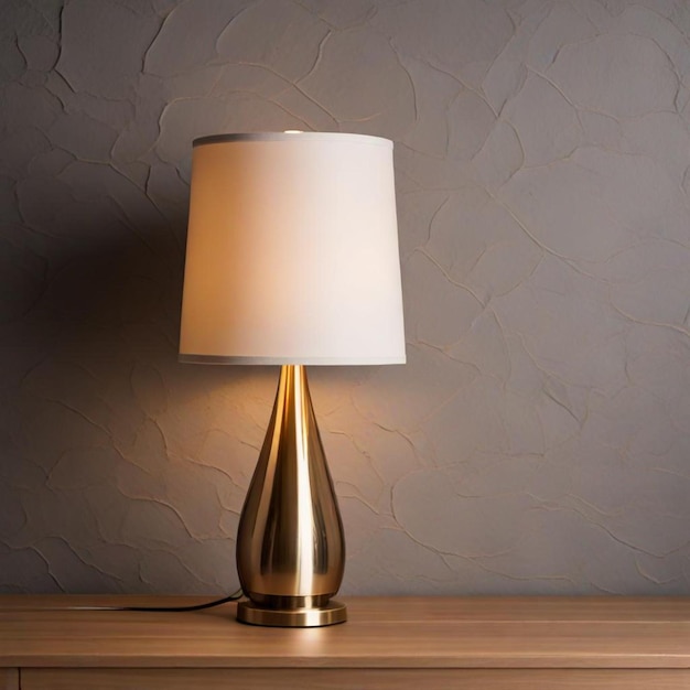 a lamp that is on a table with a wall behind it