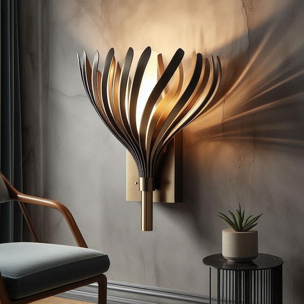 a lamp that is on a wall with a chair next to it