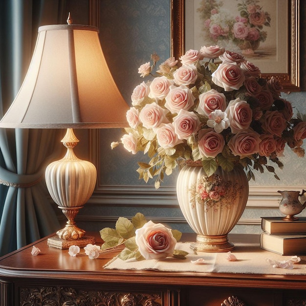 a lamp and a vase of flowers are on a table