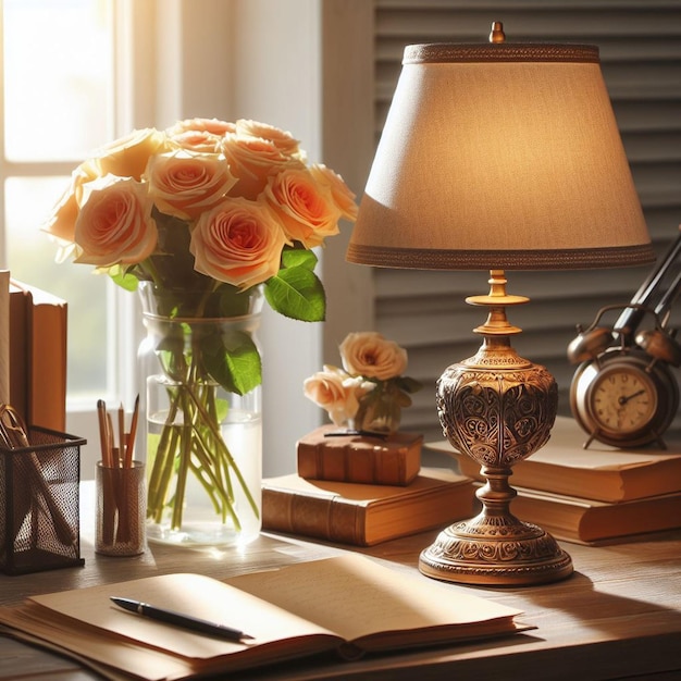 a lamp and a vase of roses are on a table with a lamp and a book