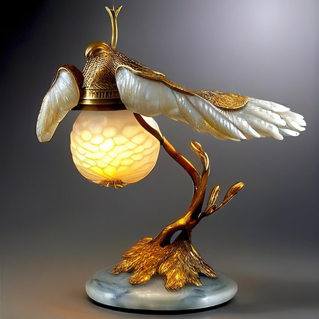 A lamp with a bird on it that is gold and white