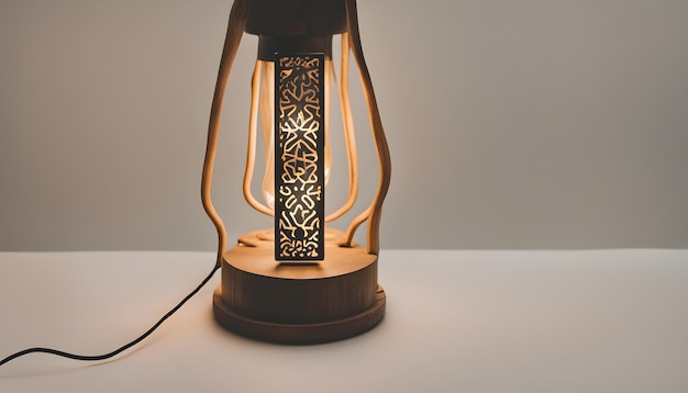 a lamp with a black cord that says  the word  on it