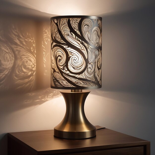 a lamp with a black design on it and a gold base with a swirl design on it