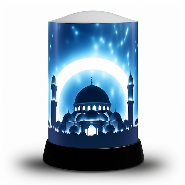 A lamp with a blue dome and a white background.