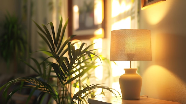 Photo a lamp with a cream shade sits on a table in a living room casting a warm glow