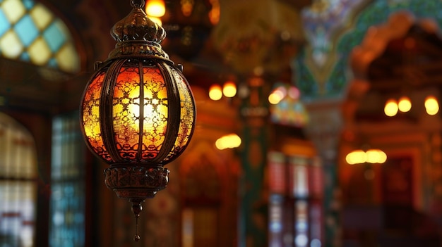 a lamp with a cross on it is in a room with a colorful wall