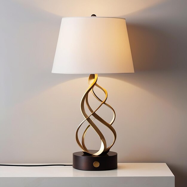 a lamp with a gold base and a gold base that says  the word  on it