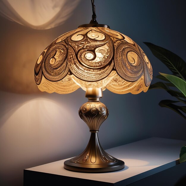 a lamp with a gold shade that says  the time of 9  00