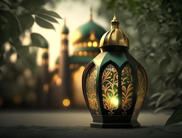 A lamp with a green background and a mosque in the background.